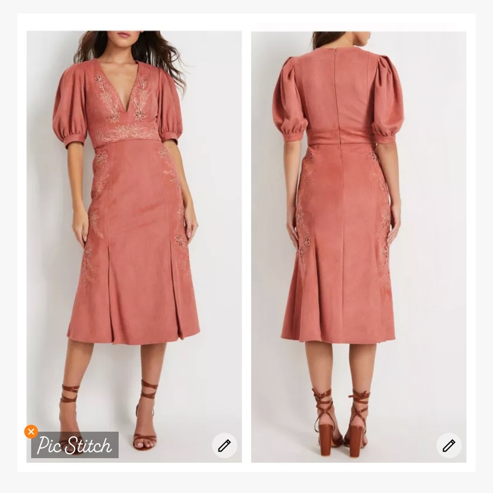 PatBo Faux Suede V Neck Midi Dress Rose